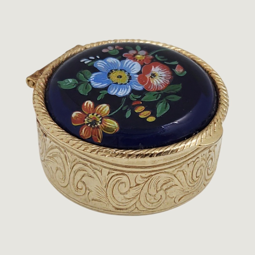 Vintage Floral Pill Box Ceramic Hand Painted Gold Tone Cobalt Blue Italy Style